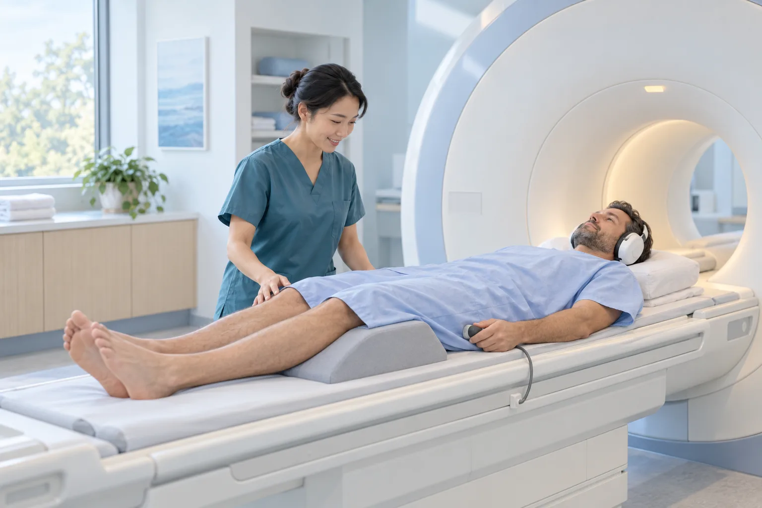 Positioning on an MRI table before a spine examination